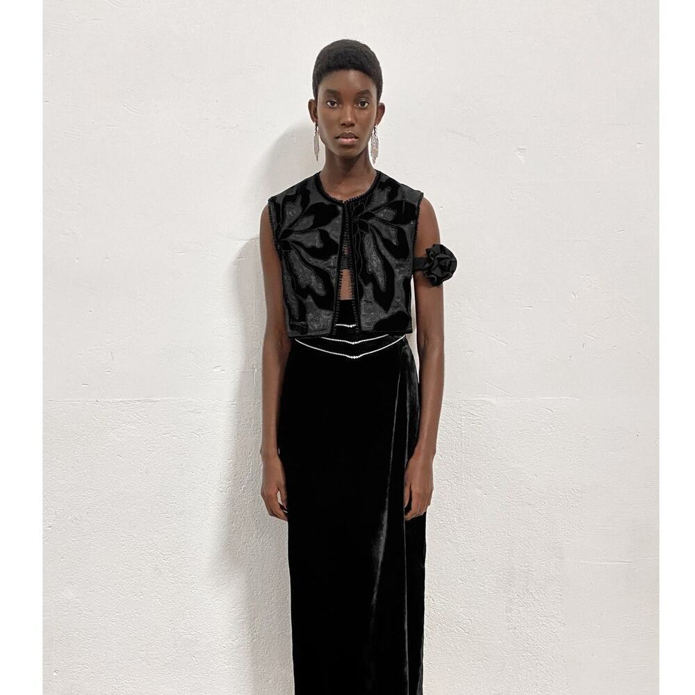 Zara Embroidered Velvet Open Front Vest